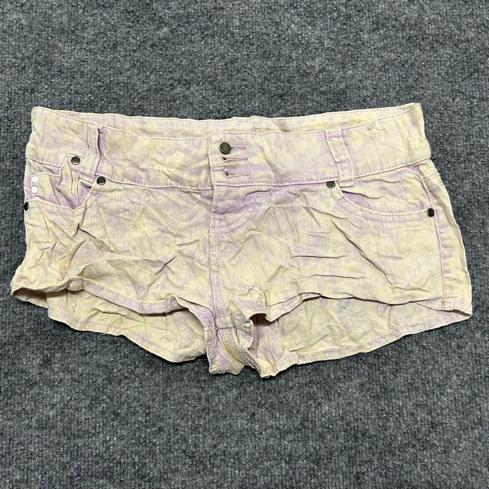 Math Shorts Womens Size 28 Purple Yellow Acid Wash Denim Studded Low Rise Mini